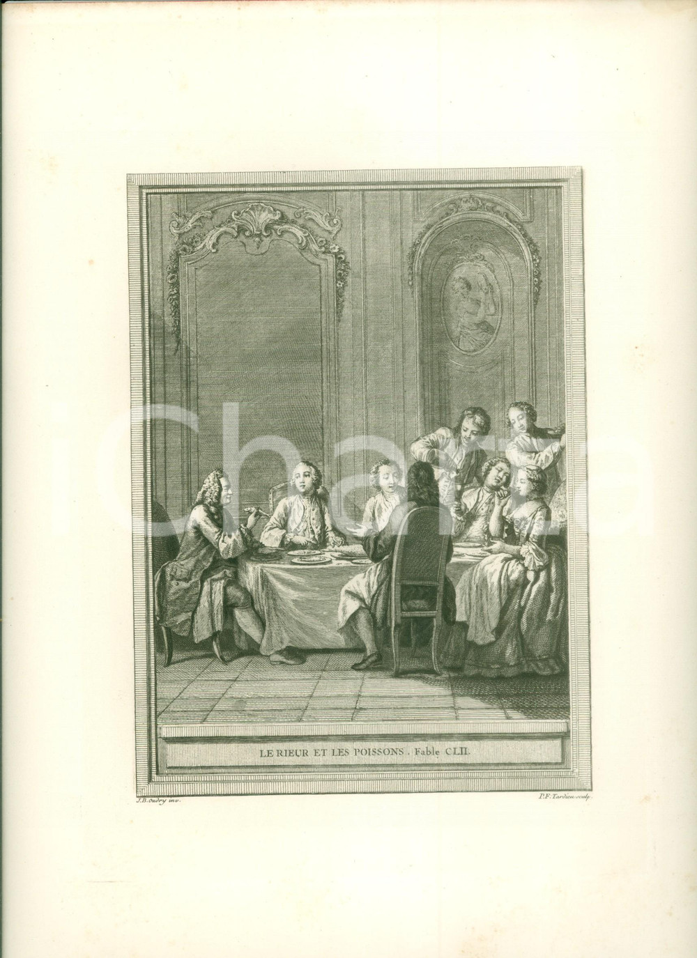 Stampa, bozzetto originale 1760 Jean DE LA FONTAINE Le rieur et les poissons Stampa di JeanBaptiste OUDRY 1