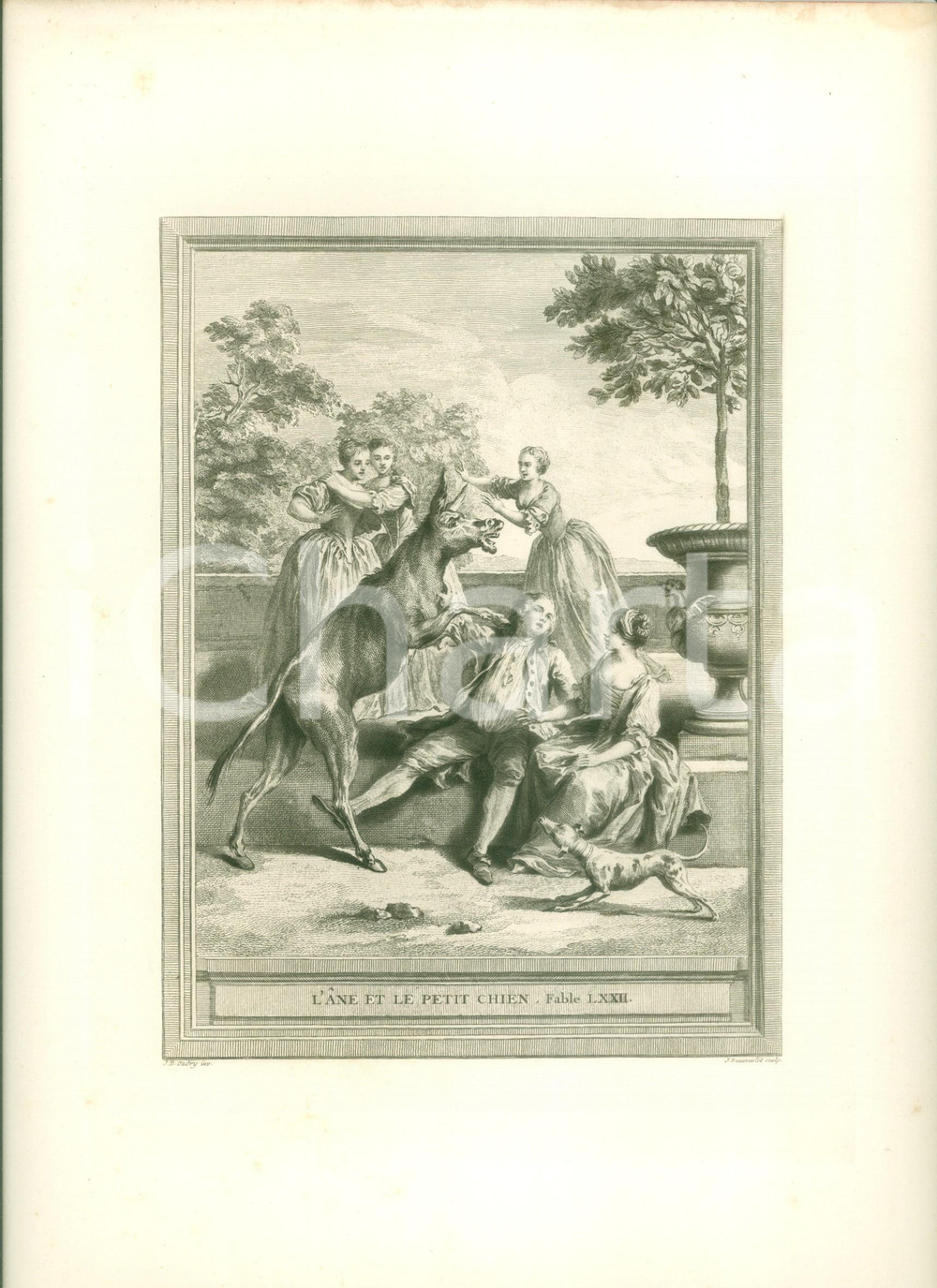 Stampa, bozzetto originale 1760 Jean DE LA FONTAINE L âne et le petit chien Stampa di JeanBaptiste OUDRY 1