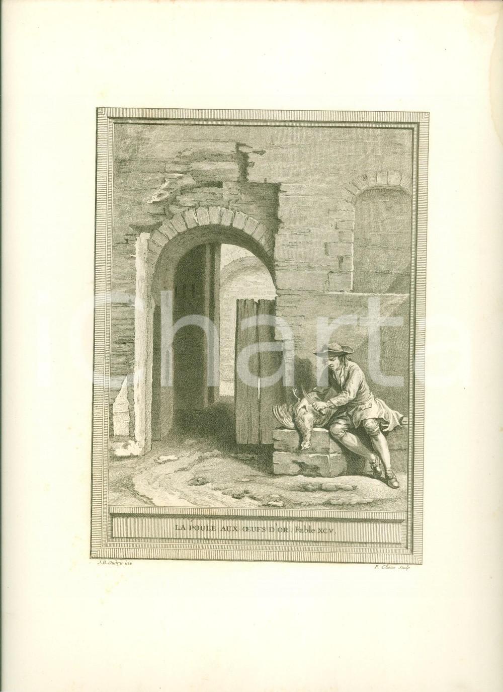 Stampa, bozzetto originale 1760 Jean DE LA FONTAINE La poule aux oeufs d or Stampa di JeanBaptiste OUDRY 1