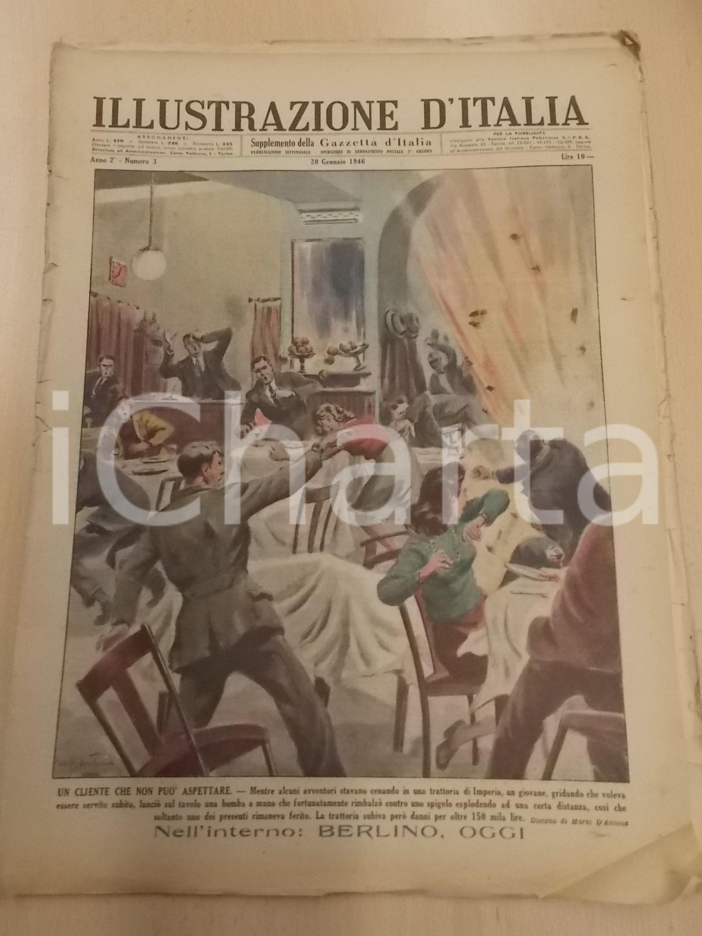 Giornale, rivista storica 1946 ILLUSTRAZIONE ITALIANA Cliente impaziente lancia bomba ristorante IMPERIA 1