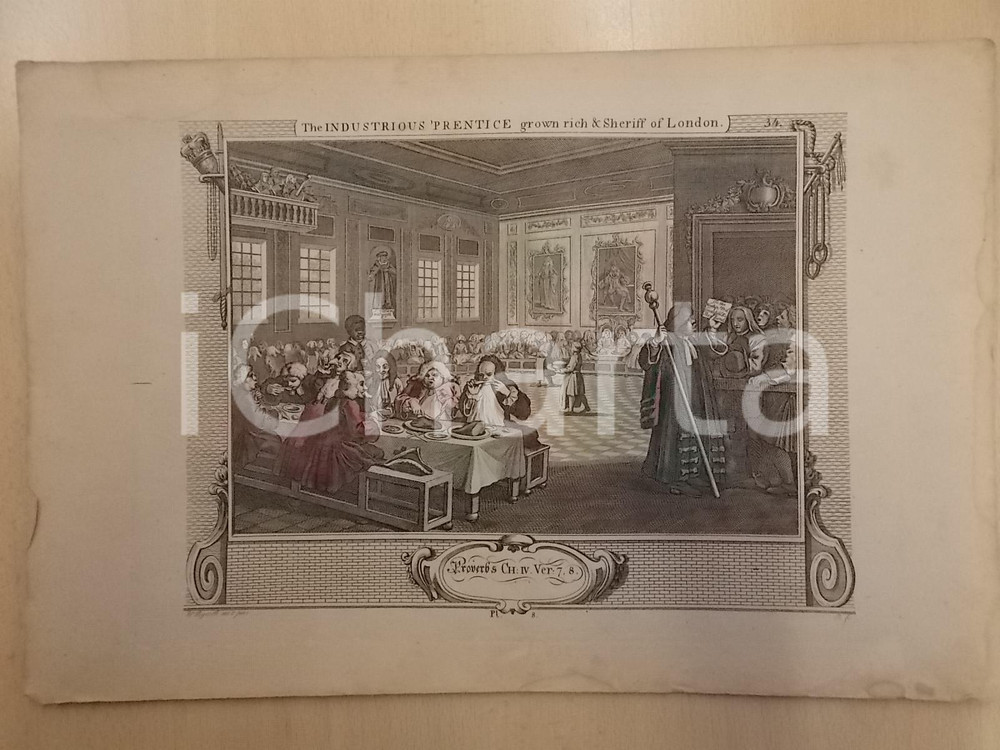 Stampa, bozzetto originale 1820 ca THE INDUSTRIOUS PRENTICE grown rich Stampa William HOGARTH colorata mano 1