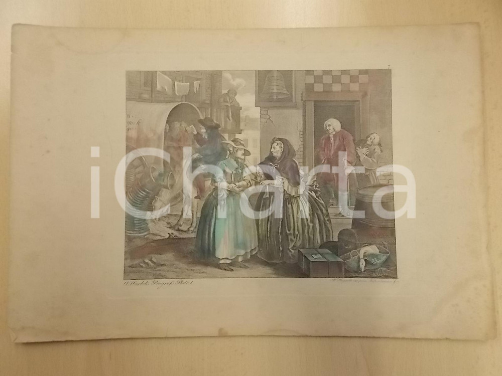 Stampa, bozzetto originale 1820 ca A HARLOT S PROGRESS Plate 1 Stampa di William HOGARTH colorata a mano 1