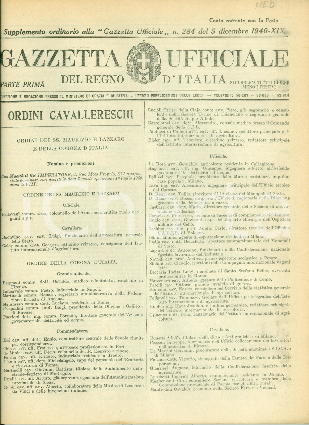 Documento originale, autentico 1940 GAZZETTA UFFICIALE Concessione dei nuovi ordini cavallereschi Decreto 1
