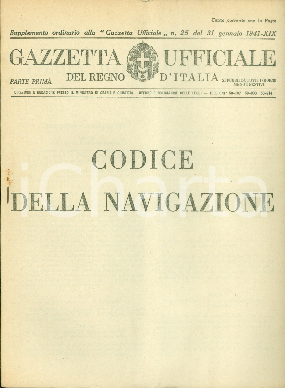 Documento originale, autentico 1941 GAZZETTA UFFICIALE DEL REGNO Codice della navigazione Decreto 1