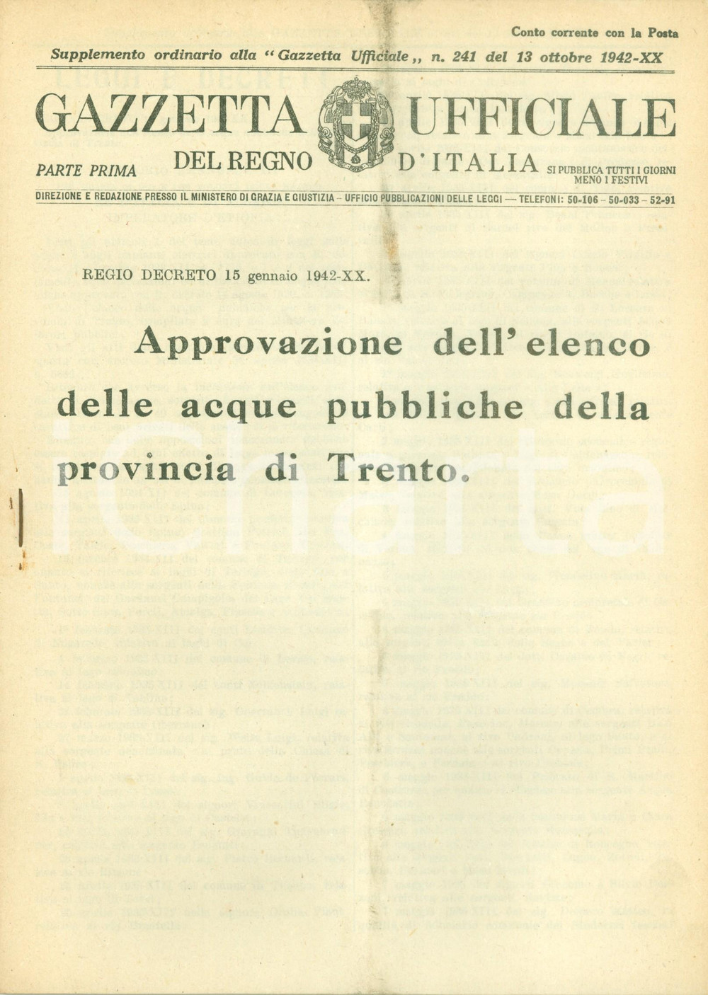 Documento originale, autentico 1942 GAZZETTA UFFICIALE Approvazione elenco acque pubbliche Provincia di TRENTO 1
