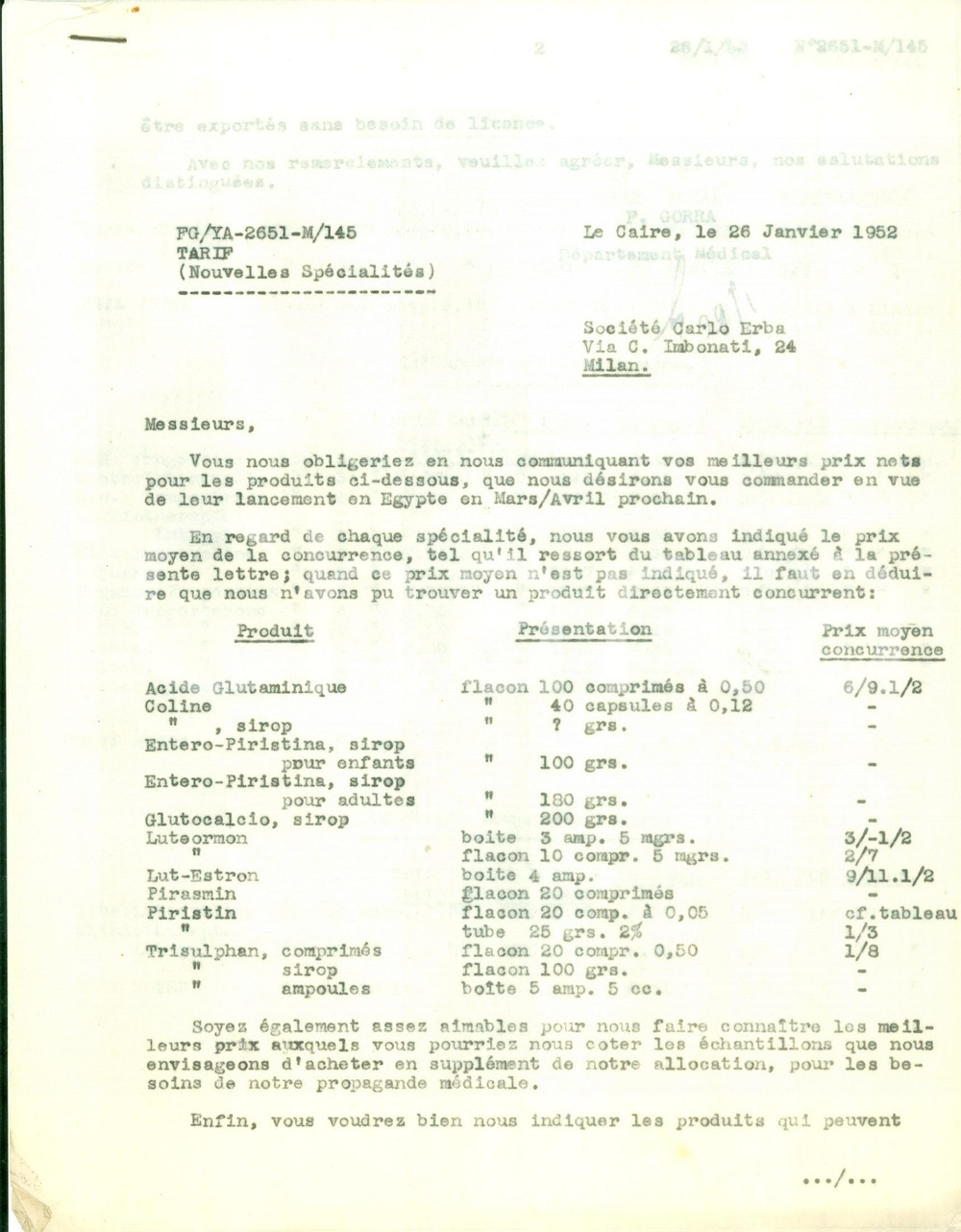 Manoscritto, lettera originale 1952 IL CAIRO Lancio di prodotti della CARLO ERBA di MILANO in EGITTO Documento 1