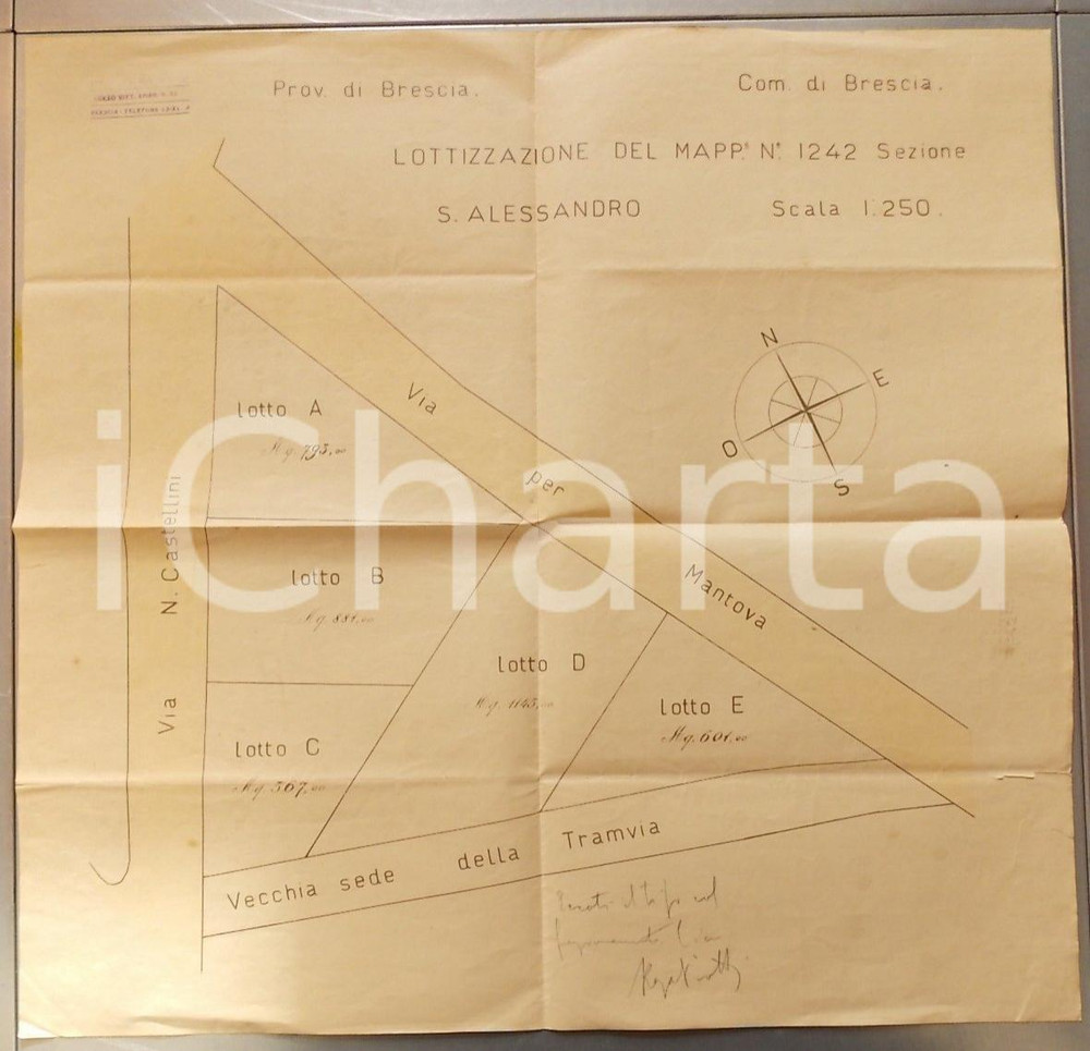 Mappa, planimetria storica 1945 ca BRESCIA Divisione in lotti della zona di SANT ALESSANDRO Planimetria 1