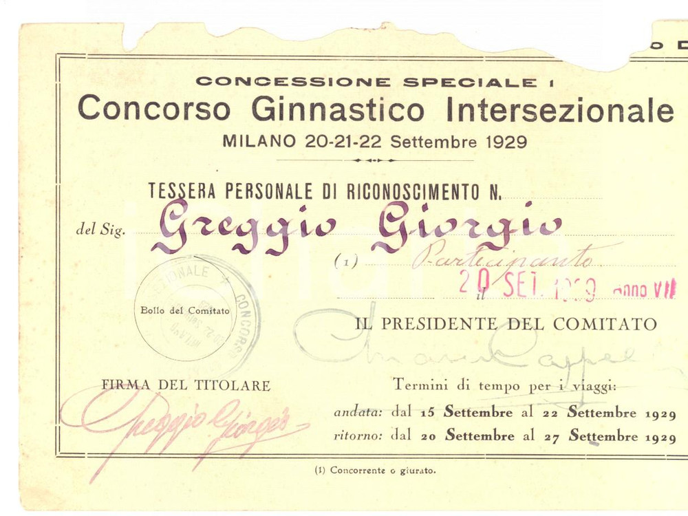 Oggetto da collezione cartaceo 1929 MILANO Concorso Ginnastico Intersezionale Tessera Giorgio GREGGIO 1