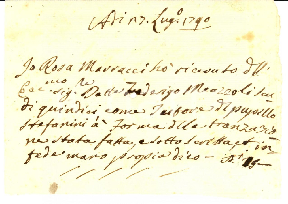 Documento originale, autentico 1790 FIRENZE Dottor Federigo MEAZZOLI in favore del pupillo STEFANINI 1