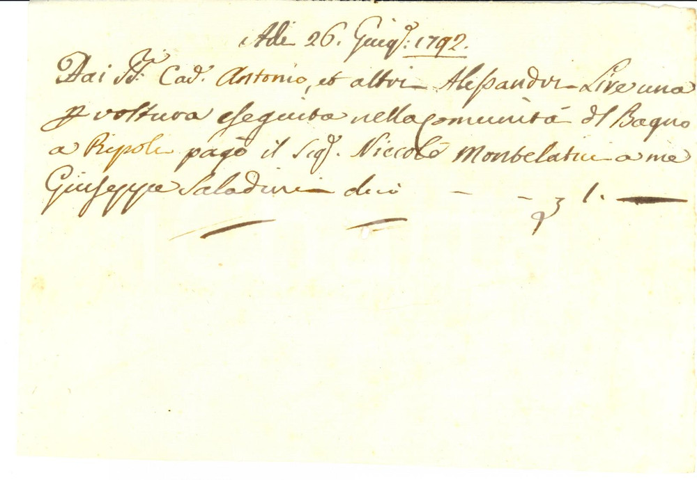 Documento originale, autentico 1792 BAGNO A RIPOLI FI Voltura per il cav. Antonio ALESSANDRI 1