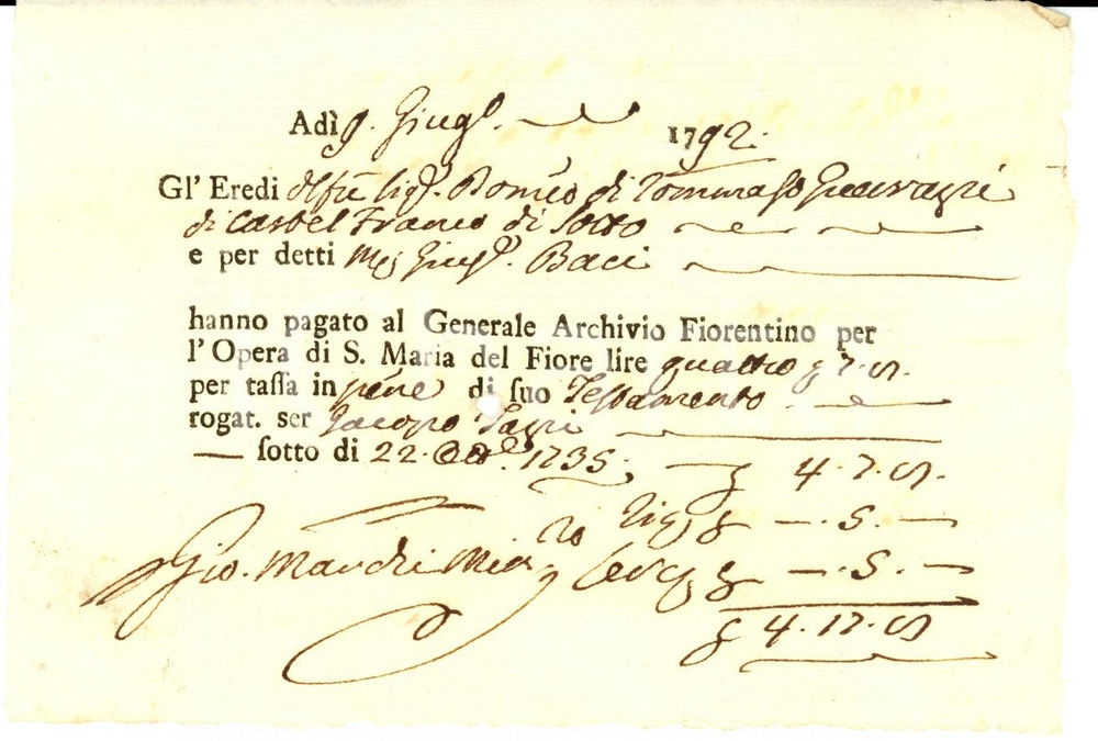 Documento originale, autentico 1792 CASTELFRANCO DI SOTTO PI Spese per testamento Romeo GUERRAZZI 1