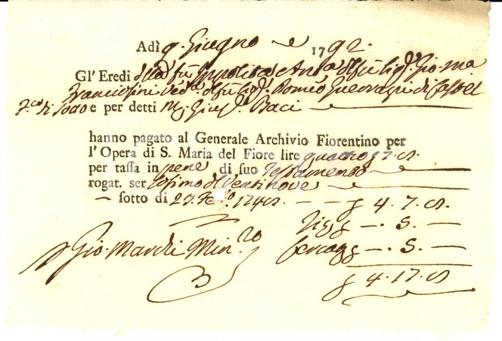 Documento originale, autentico 1792 CASTELFRANCO DI SOTTO PI Spese testamento Ippolita Antonia FRANCIOSINI 1