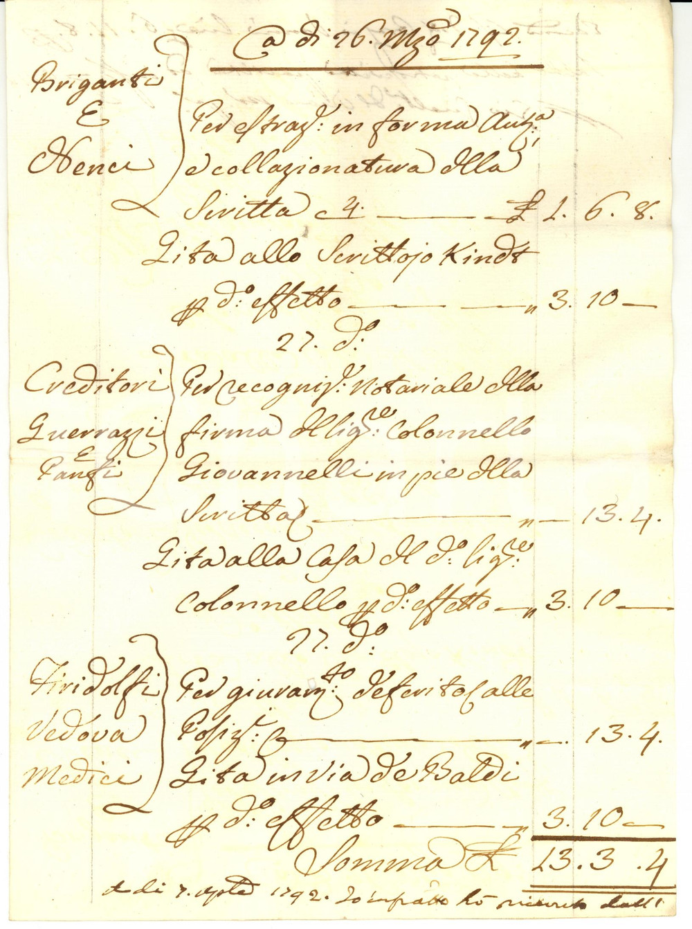 Documento originale, autentico 1792 FIRENZE Conto di un avvocato cause FIRIDOLFI, NENCI  e GUERRAZZI 1