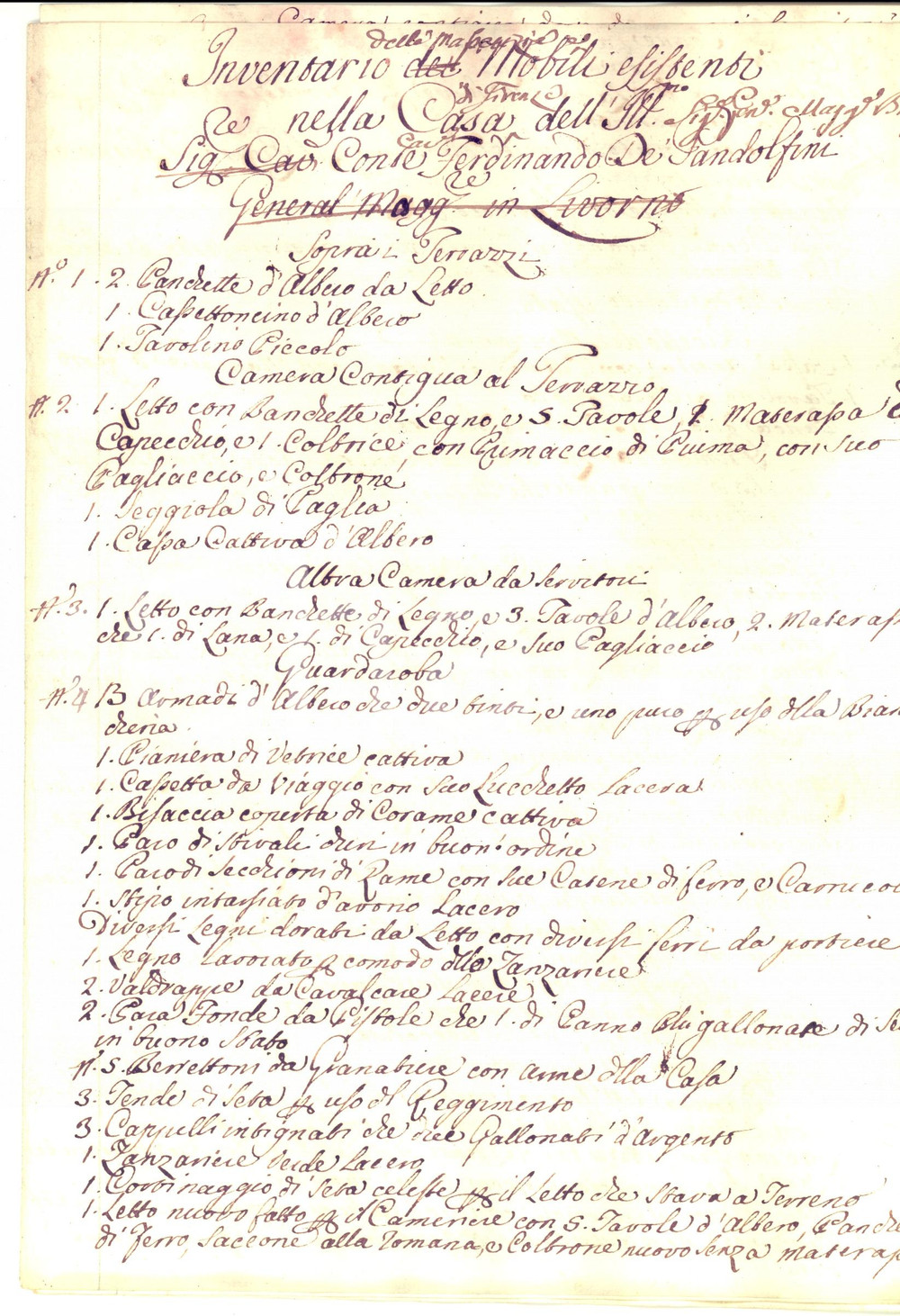Documento originale, autentico 1775 FIRENZE Inventario mobili del conte Ferdinando PANDOLFINI Manoscritto 1