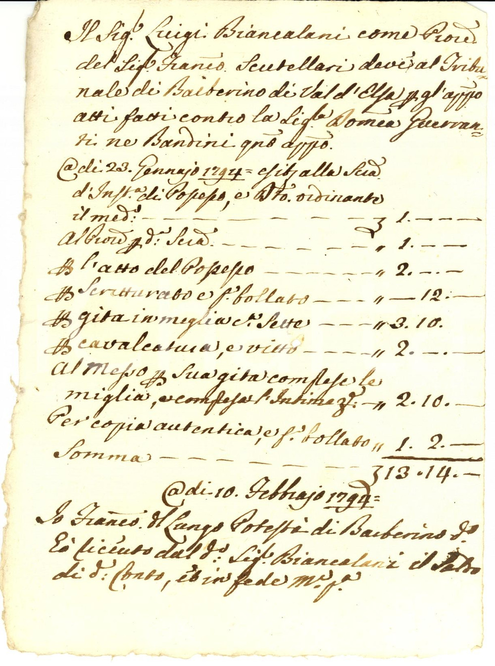 Documento originale, autentico 1794 BARBERINO VAL D ELSA Lite Francesco SCUTELLARI  Domenica GUERRANTI 1