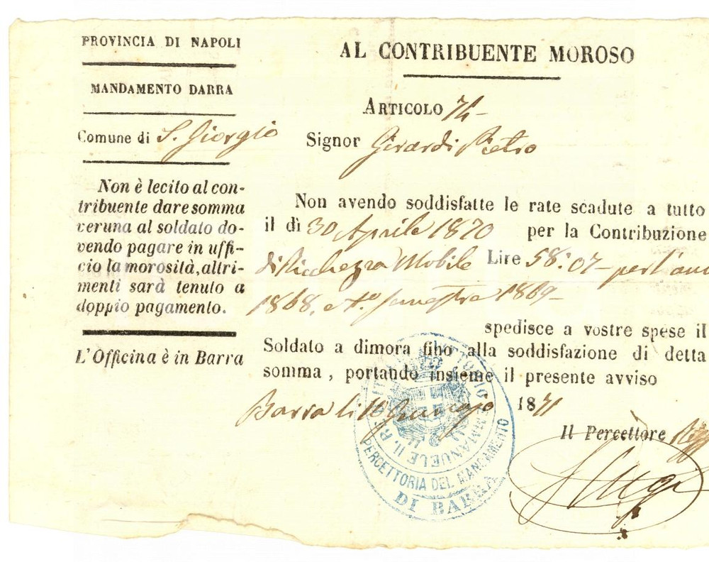 Documento originale, autentico 1875 SAN GIORGIO A CREMANO NA Soldato a casa di Pietro GIRARDI debitore 1