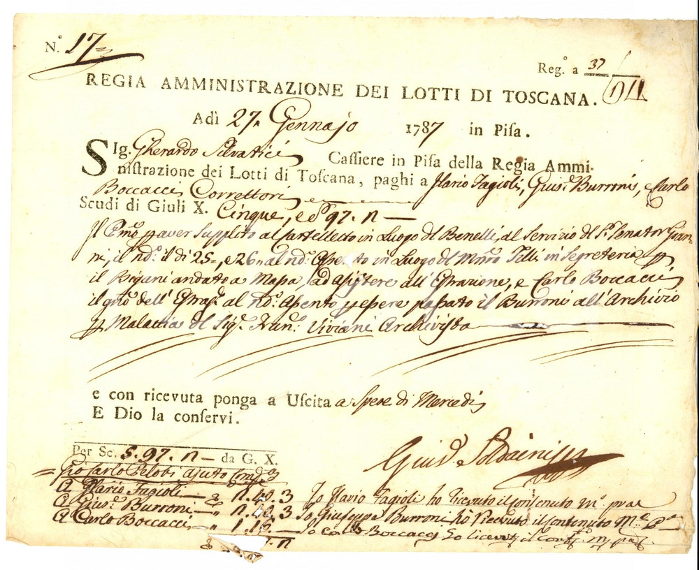 Documento originale, autentico 1787 PISA Compensi funzionari Ilario FAGIOLI e Giuseppe BURRONI all Archivio 1
