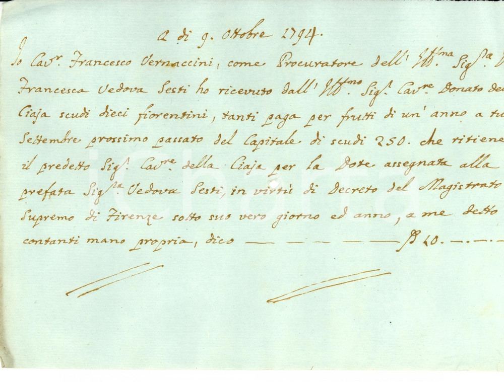 Documento originale, autentico 1791 FIRENZE Donato DELLA CIAJA versa censi dotali alla vedova Francesca SESTI 1