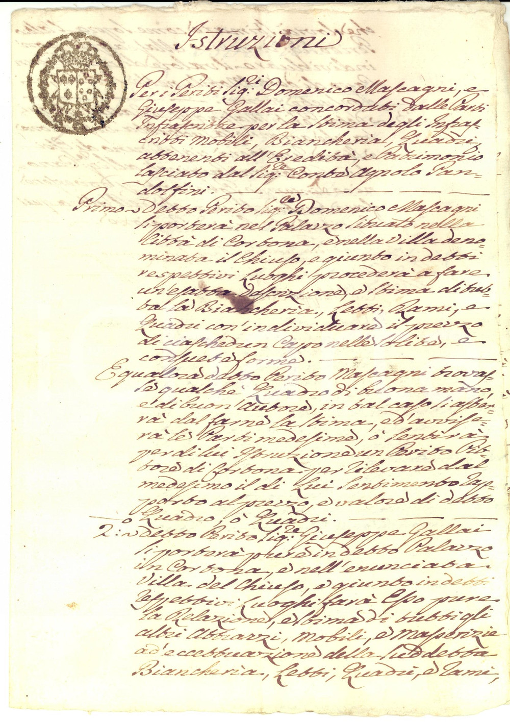 Documento originale, autentico 1770 ca CORTONA Periti MASCAGNI e GALLAI su ereditÃ  Agnolo PANDOLFINI 1