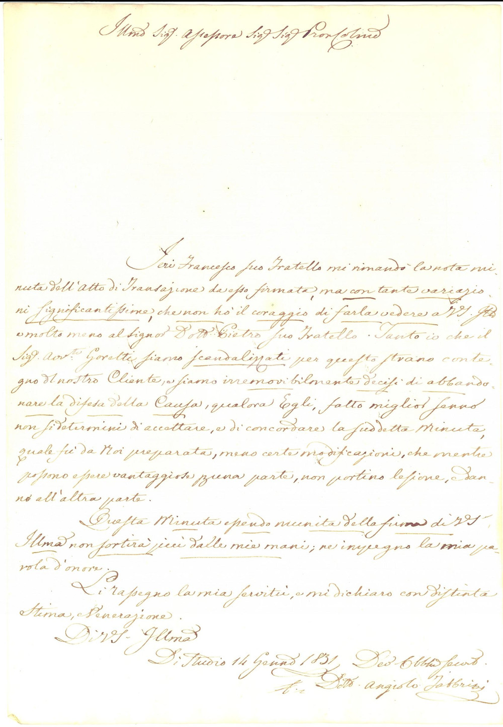 Documento originale, autentico 1831 FIRENZE Avvocato Angiolo FABBRINI scandalizzato dal proprio cliente 1