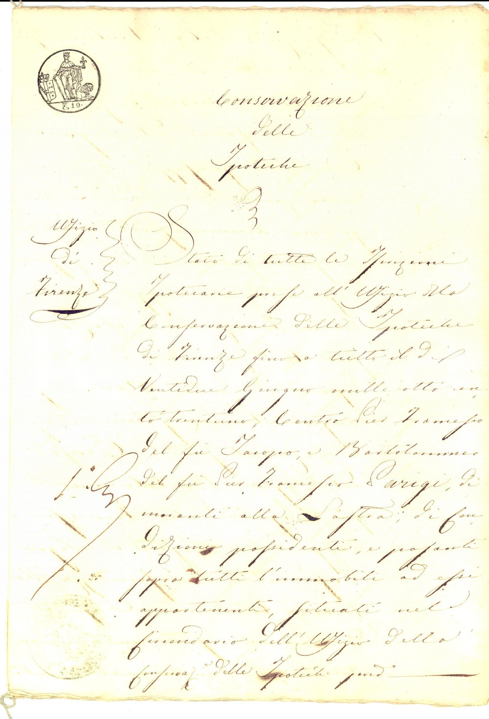 Documento originale, autentico 1831 LASTRA A SIGNA FI Crediti conte Giuseppe NICCOLINI su beni PARIGI 1