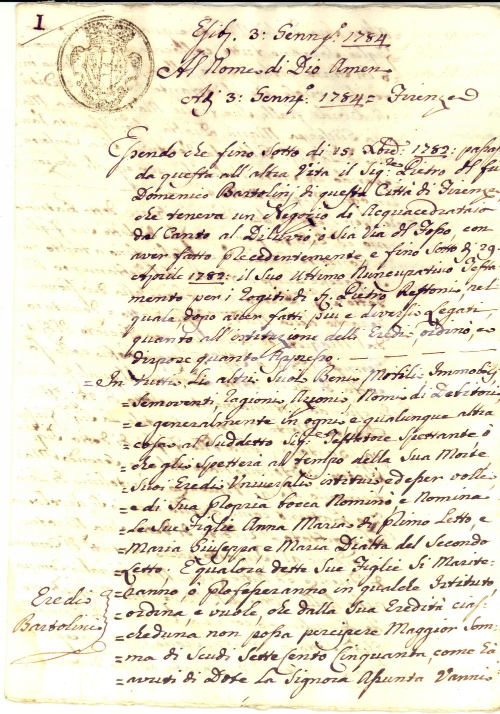 Documento originale, autentico 1784 FIRENZE EreditÃ  Pietro BARTOLINI acquacedrataio  Manoscritto 16 pp. 1