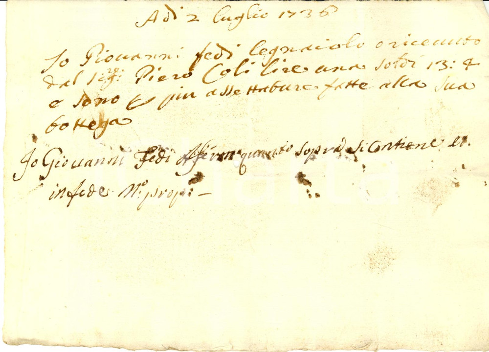 Documento originale, autentico 1736 FIRENZE Ricevuta Giovanni FEDI legnaiuolo per assettature 1