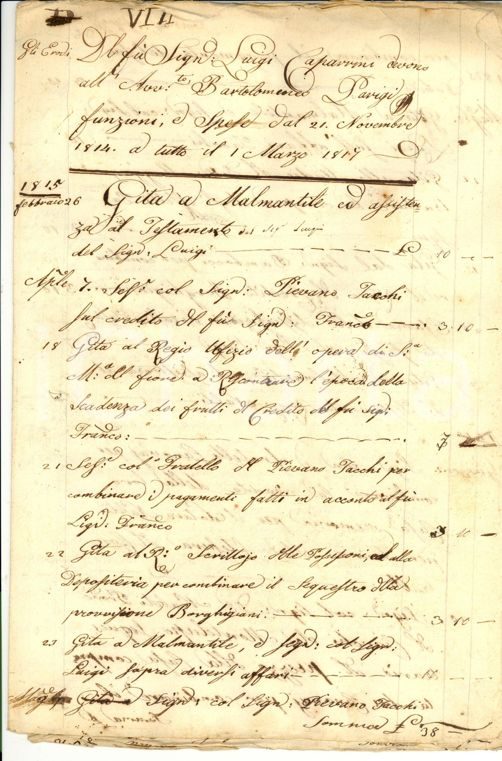 Documento originale, autentico 1817 FIRENZE Debiti eredi Luigi CAPARRINI verso avv. Bartolomeo PARIGI 1