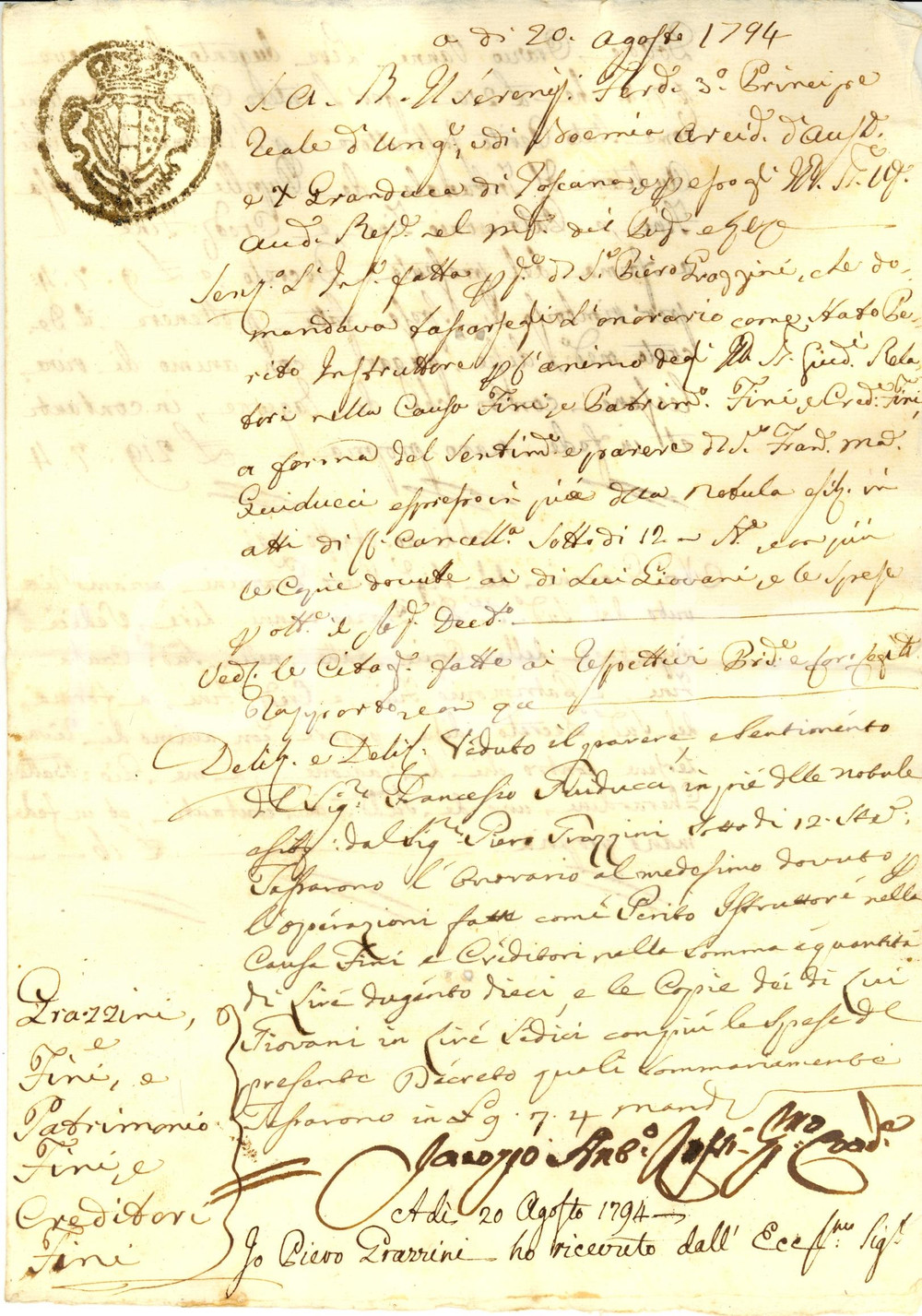 Documento originale, autentico 1794 FIRENZE Piero GRAZZINI perito nella causa Patrimonio FINI 1