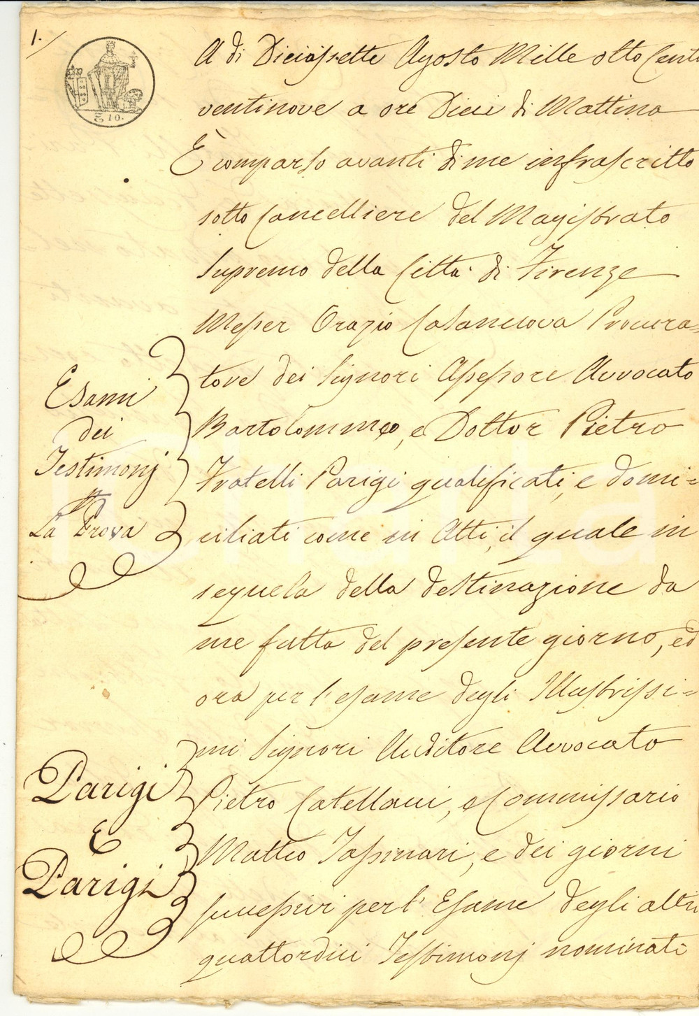Documento originale, autentico 1829 FIRENZE Lite famiglia PARIGI produttrice cappelli di paglia 200 PP 1