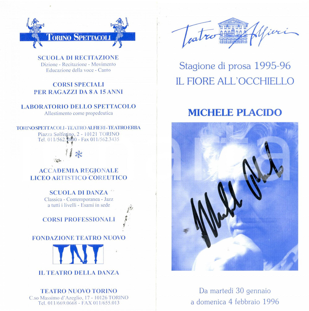Autografo originale 1996 TORINO TEATRO ALFIERI Michele PLACIDO in Uno sguardo dal ponte Autografo 1