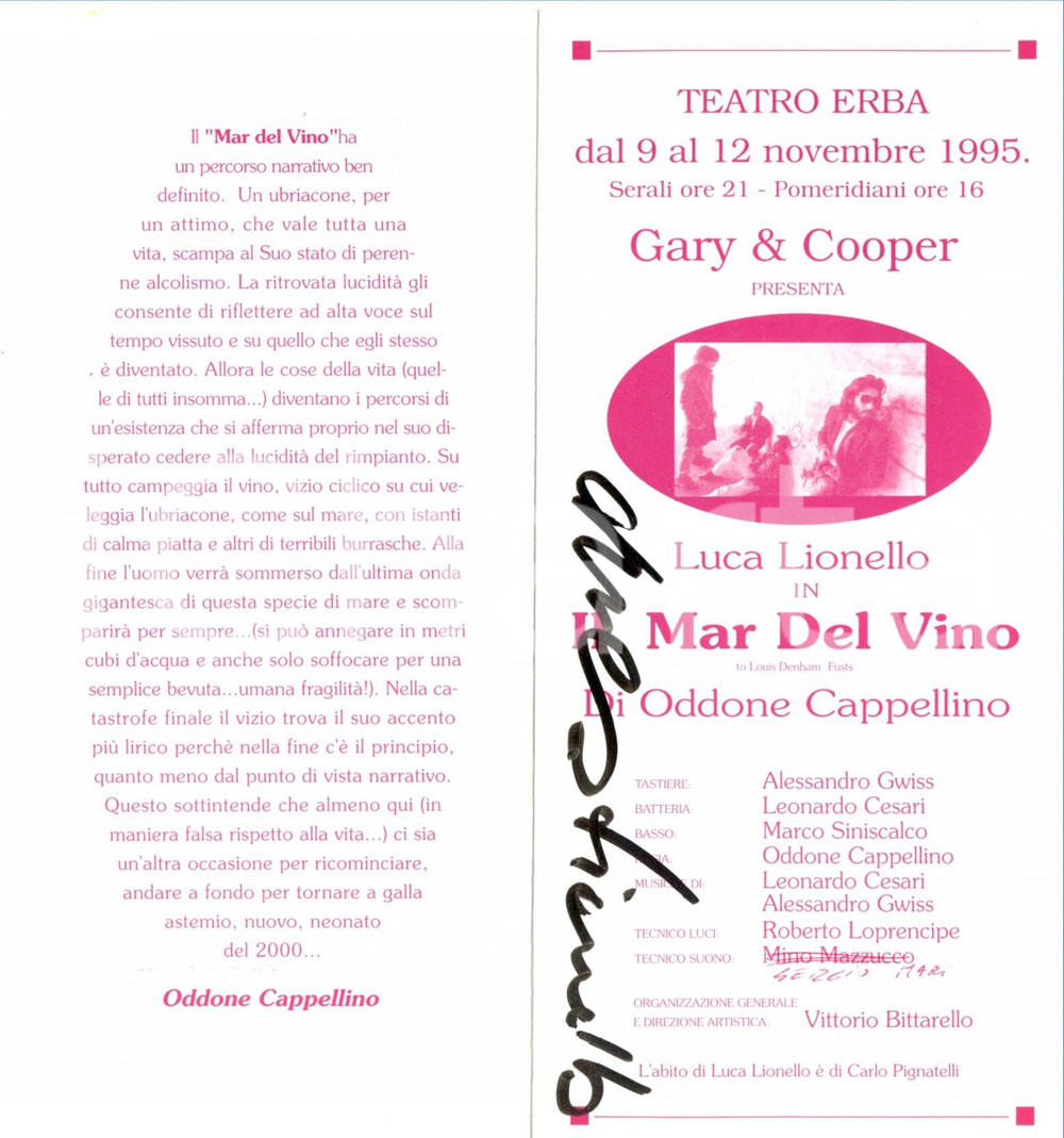 Autografo originale 1995 TORINO Teatro ERBA autografo Luca LIONELLO Il mar del vino Opuscolo 1