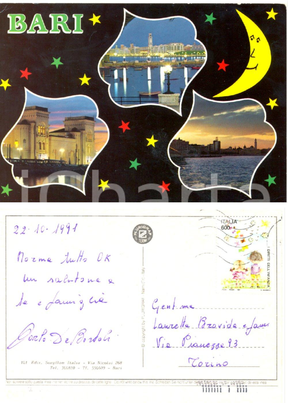 Autografo originale 1991 BARI Carlo DE BORTOLI a Lauretta BROVIDA Cartolina AUTOGRAFA 1