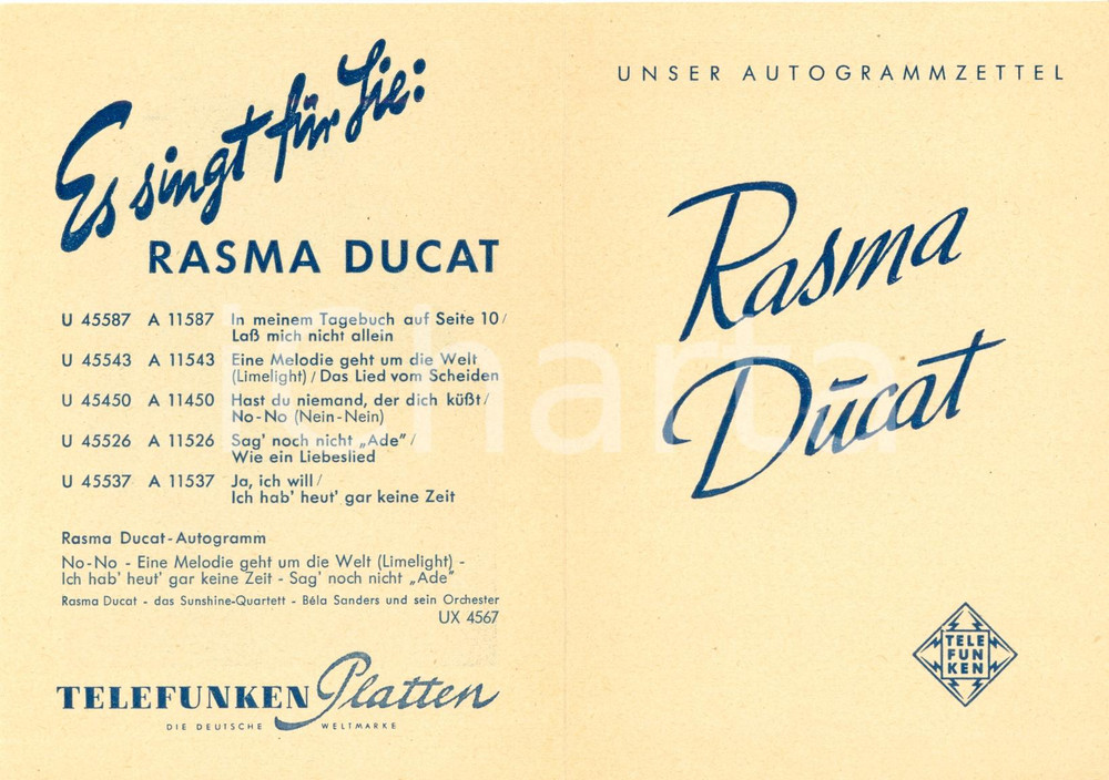 Materiale pubblicitario d’epoca 1955 ca TELEFUNKEN Autogrammzettel Rasma DUCAT Volantino NON AUTOGRAFO 1
