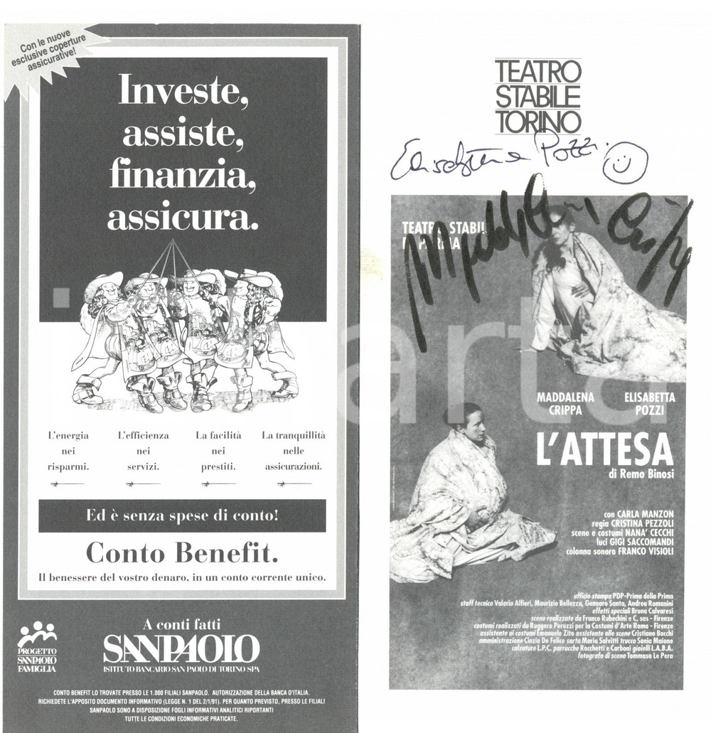 Autografo originale 1993 TORINO TEATRO STABILE Autografo Elisabetta POZZI Maddalena CRIPPA L attesa 1