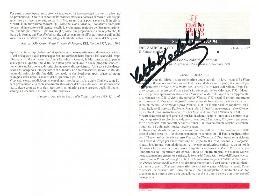Autografo originale 1994 TORINO TEATRO REGIO Autografo Yelda KODALLI Il flauto magico Opuscolo 1