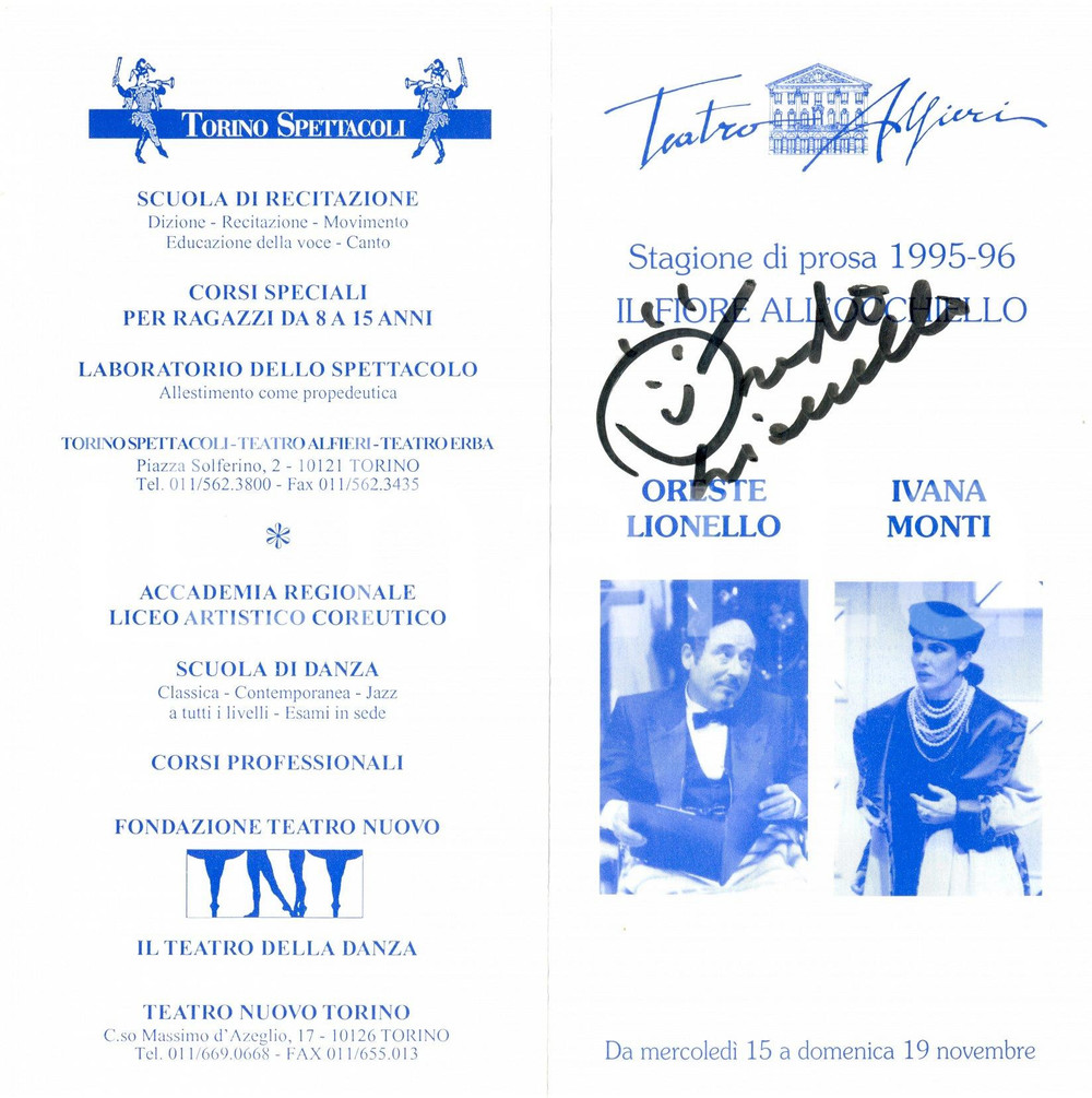 Autografo originale 1996 TORINO TEATRO ALFIERI Autografo Oreste LIONELLO Signore che venne a pranzo 1