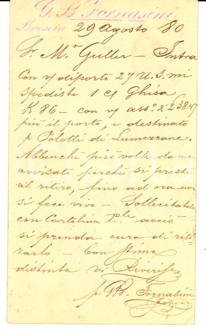Documento originale, autentico 1880 BRESCIA Giovanni Battista FORNASINI vs POLOTTI che non ritira ghisa 1