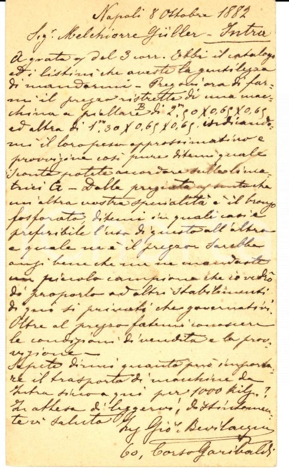 Documento originale, autentico 1882 NAPOLI Ing. Giovanni BEVILACQUA cerca bronzo fosforato Melchiorre GULLER 1