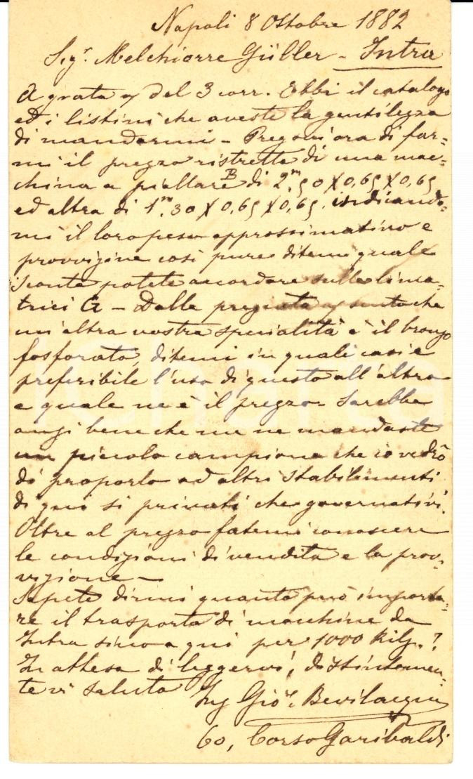 Documento originale, autentico 1882 NAPOLI Ing. Giovanni BEVILACQUA cerca bronzo fosforato Melchiorre GULLER 1