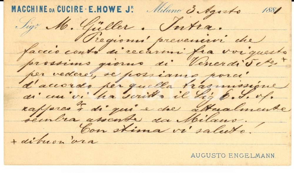 Documento originale, autentico 1881 MILANO Augusto ENGELMANN Macchine da cucire E. HOWE Jr  a ditta GULLER 1