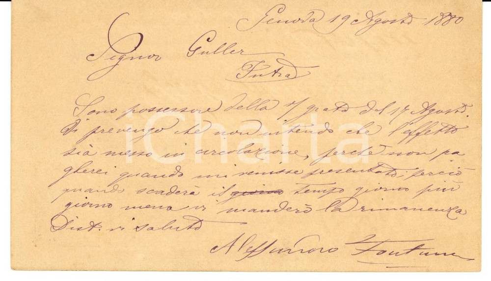 Documento originale, autentico 1880 GENOVA Alessandro FONTANA alla ditta MELCHIORRE GULLER 1