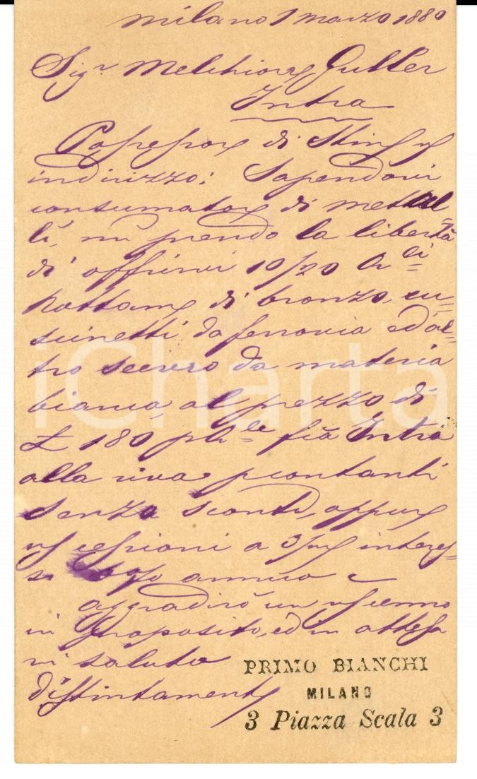 Documento originale, autentico 1880 MILANO Piazza SCALA Primo BIANCHI offre cuscinetti da ferrovia 1