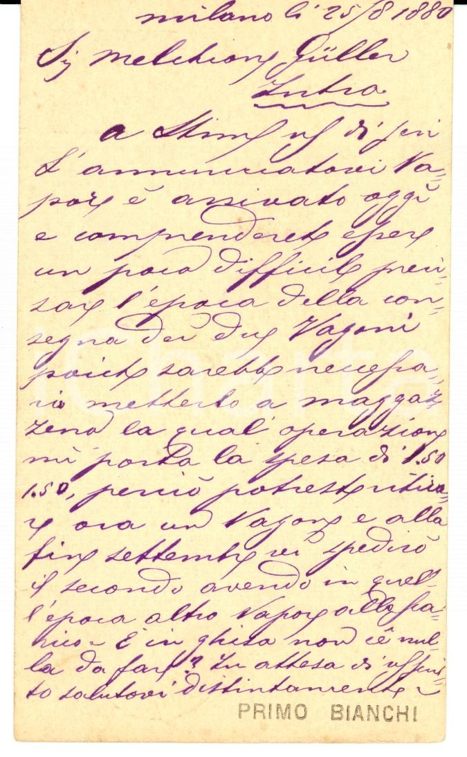 Documento originale, autentico 1880 MILANO Piazza SCALA Primo BIANCHI su consegna di due vagoni 1