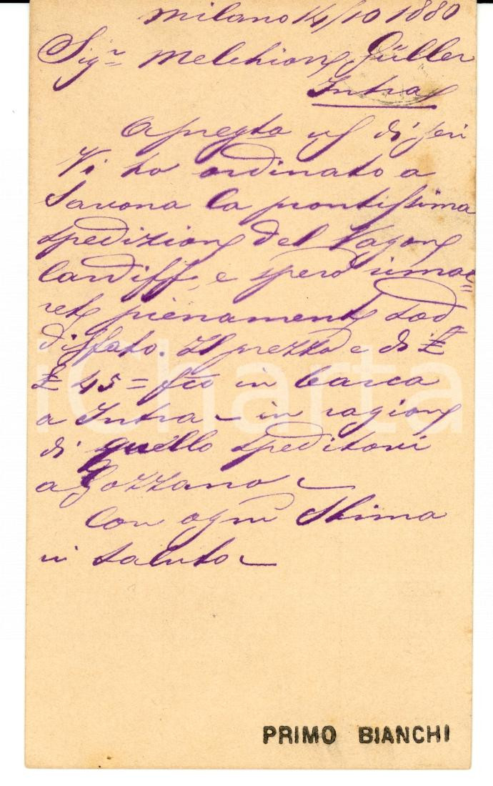 Documento originale, autentico 1880 MILANO Piazza SCALA Primo BIANCHI su spedizione vagone CARDIFF 1
