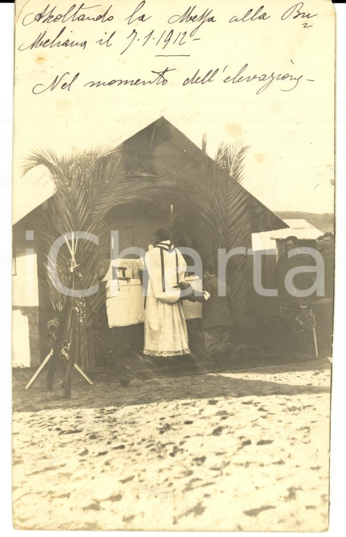 Fotografia d epoca originale 1912 CAMPAGNA DI LIBIA BUMELIANA Militari a Messa nella colonia Foto 1