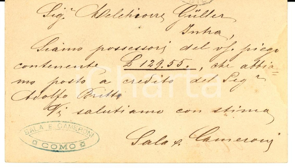 Documento originale, autentico 1881 COMO Ditta SALA E CAMERONI allo stabilimento meccanico Melchiorre GULLER 1