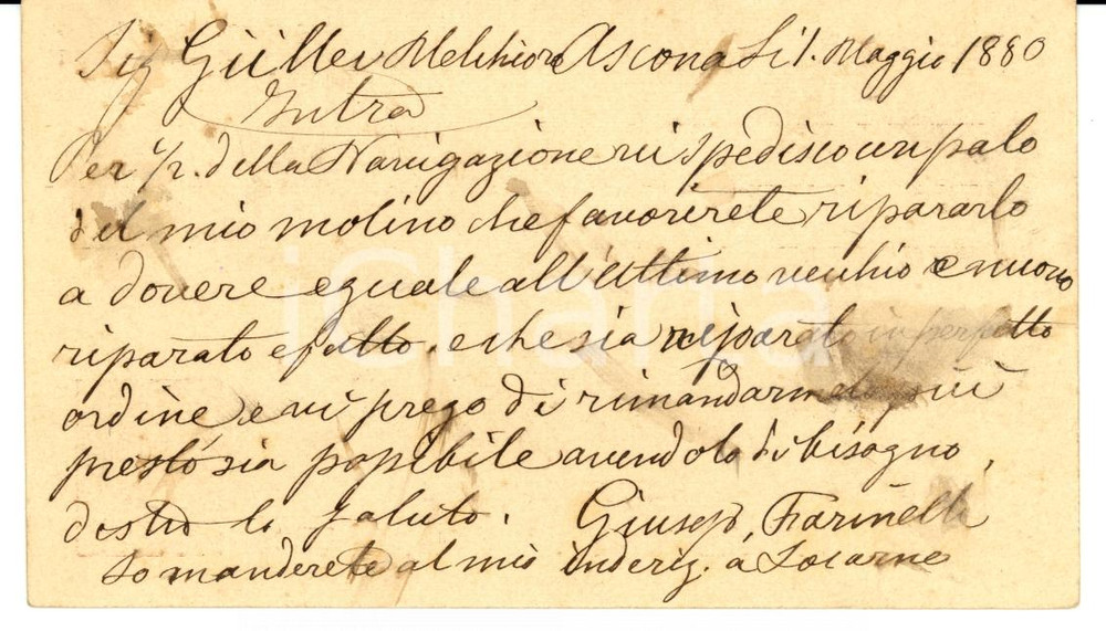 Documento originale, autentico 1880 ASCONA Canton Ticino Giuseppe FARINELLI ripara pala del mulino 1