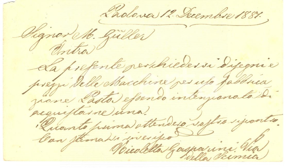 Documento originale, autentico 1887 PADOVA Nicoletta GASPARINI acquista macchine per industria pasta 1
