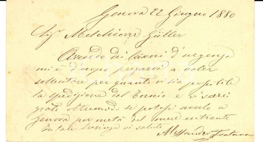Documento originale, autentico 1880 GENOVA Alessandro FONTANA sollecita spedizione di un tornio 1